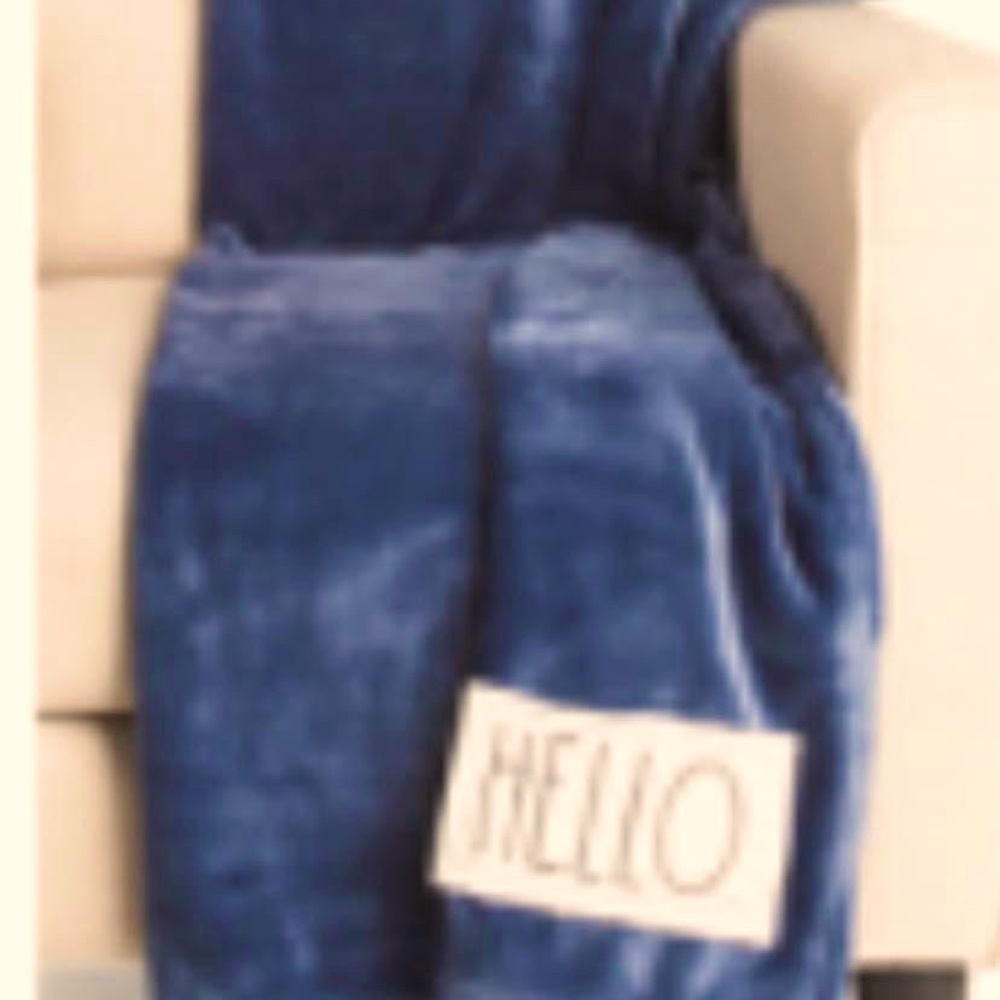 Rae Dunn slate blue HELLO fleece blanket